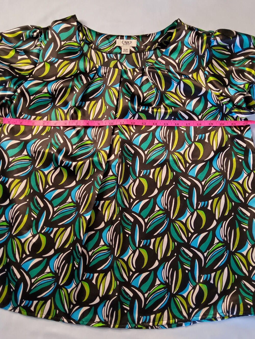 Cato Leaf-Print Flutter Sleeve Top in Teal, Lime & Black 14/16W - Picture 4 of 7